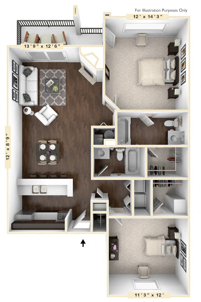 Floor plan for 2 beds, 2 baths, 947 sqft